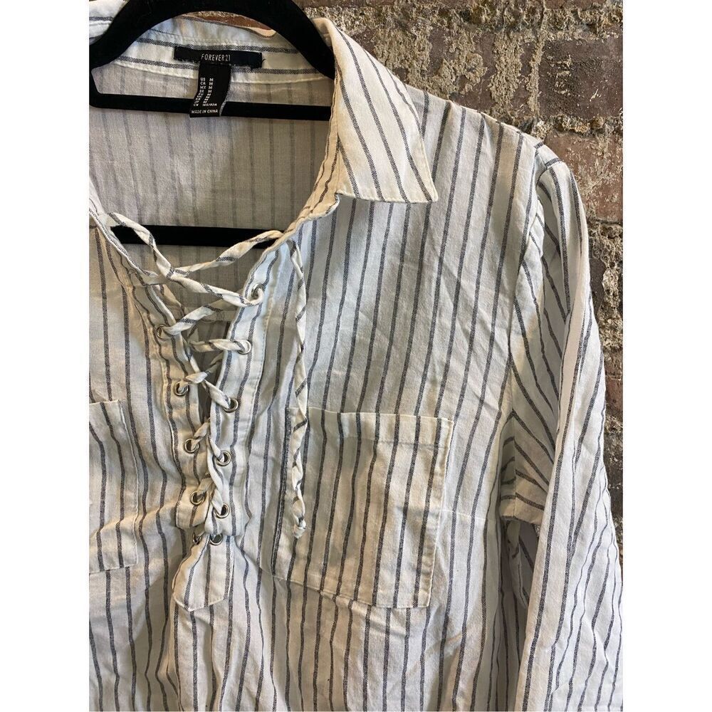 FOREVER 21 White/Black Stripe Front Breast Pocket Shoe String Collar Long Sleeve